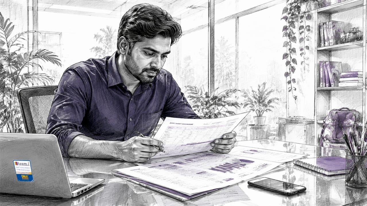 Indian event planner reviewing budget documents