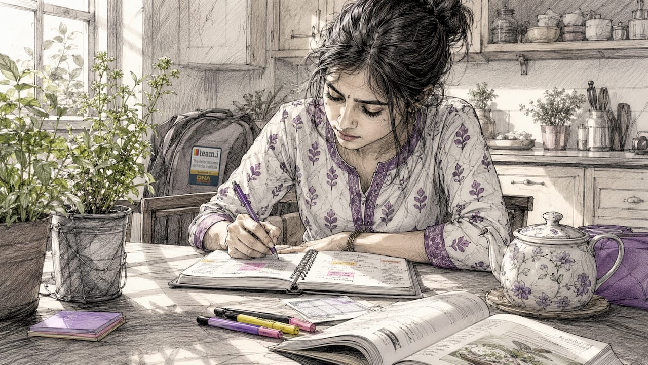 Indian female student writing planner in home study