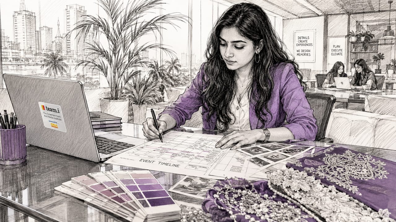 Indian wedding planner reviewing checklist at desk