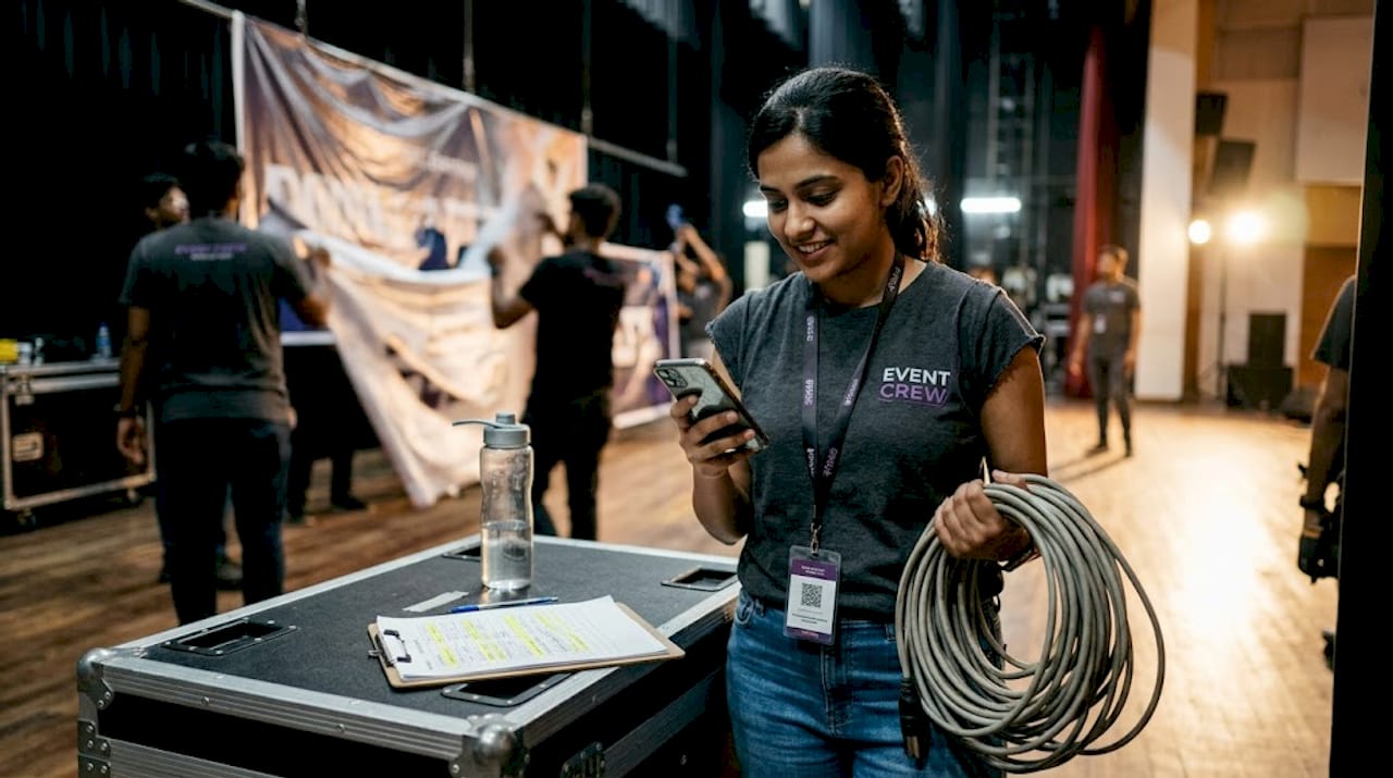 Intern handling backstage event logistics equipment