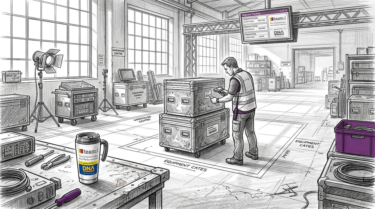 Logistics worker scanning event equipment crates