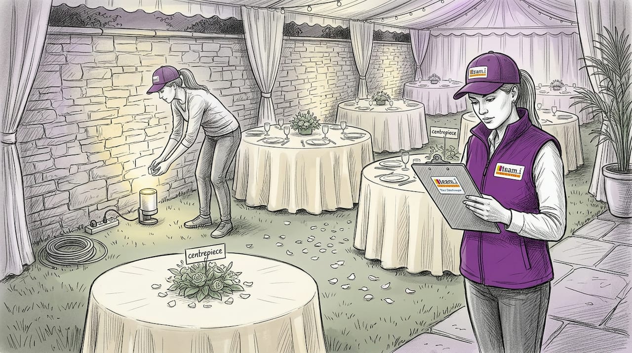 Planners test lighting in decorated banquet hall