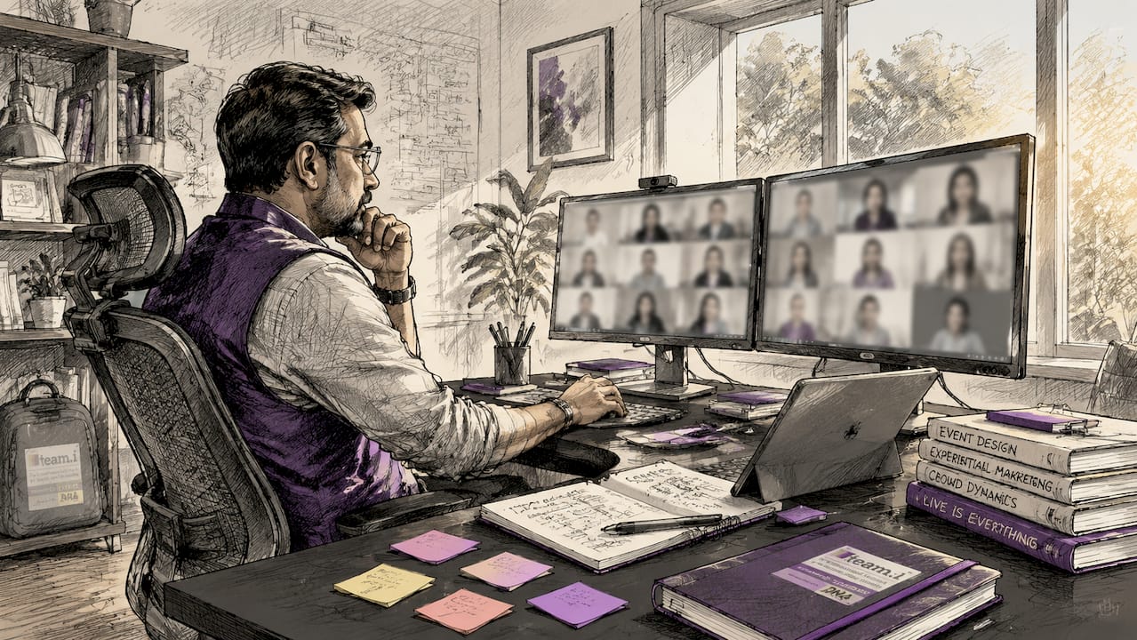 Professional managing virtual event platforms at office desk