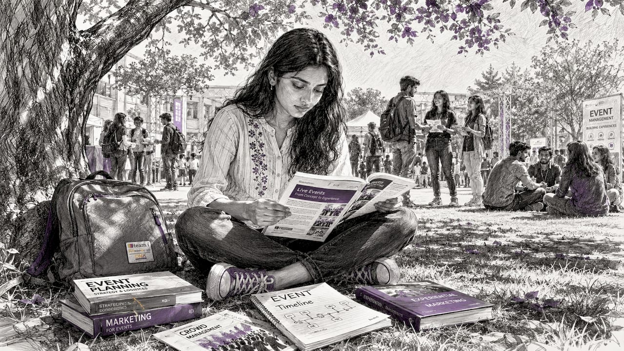 Student studying event management course materials