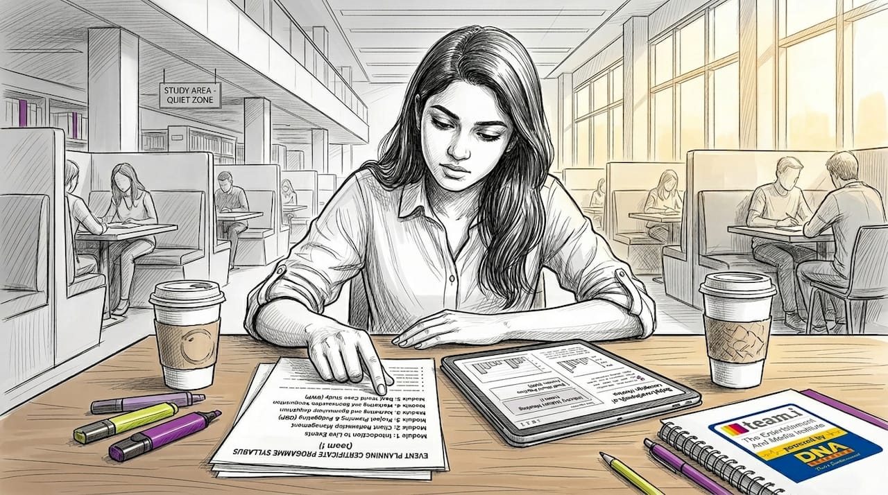 Student studying event planning certificate course materials