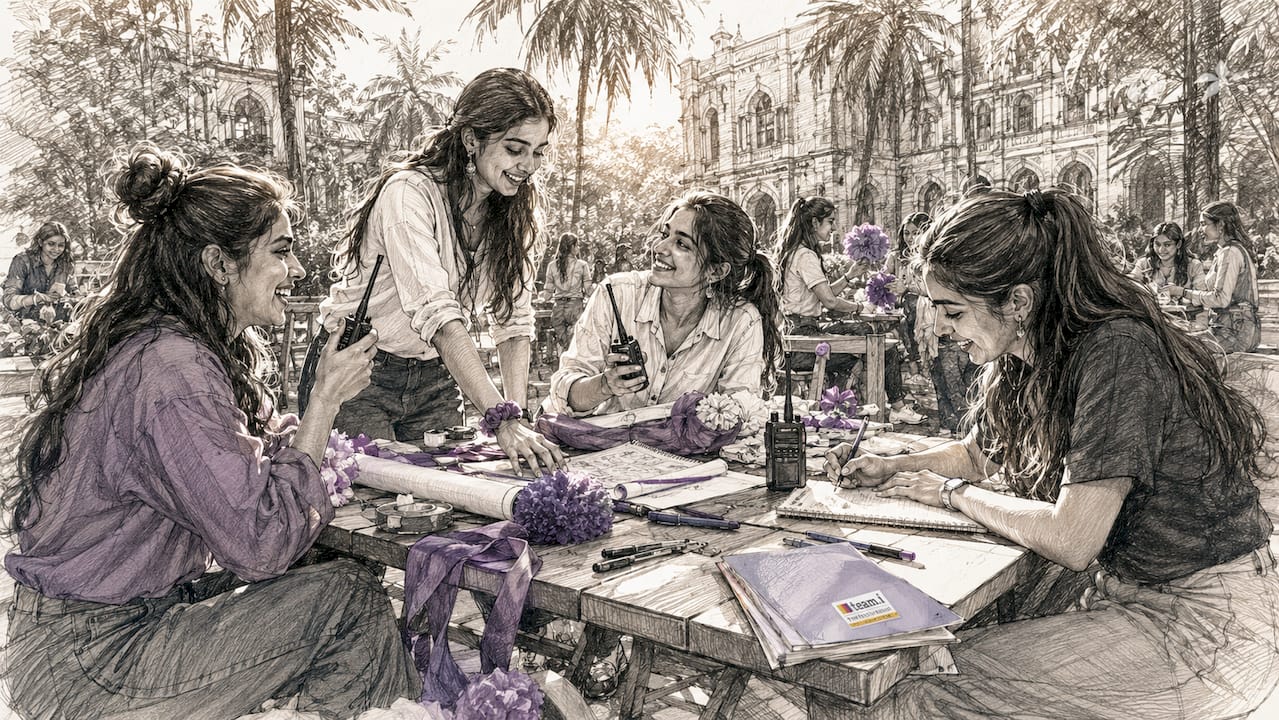 Students organizing event materials in classroom