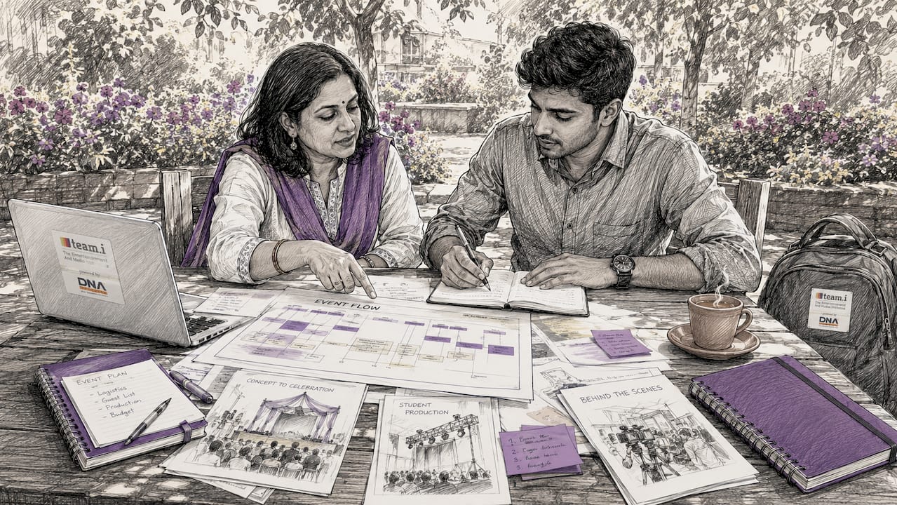 Two people discussing event planning documents