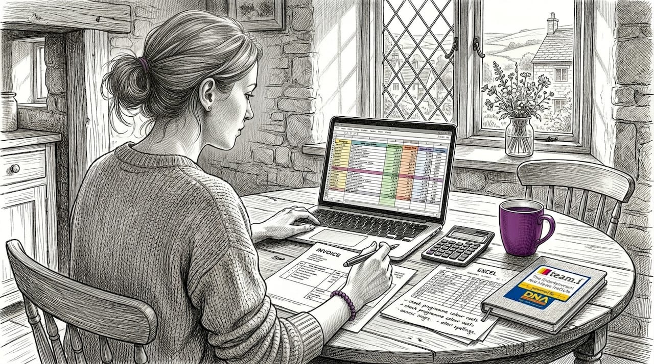 Woman updating event budget spreadsheet at home table