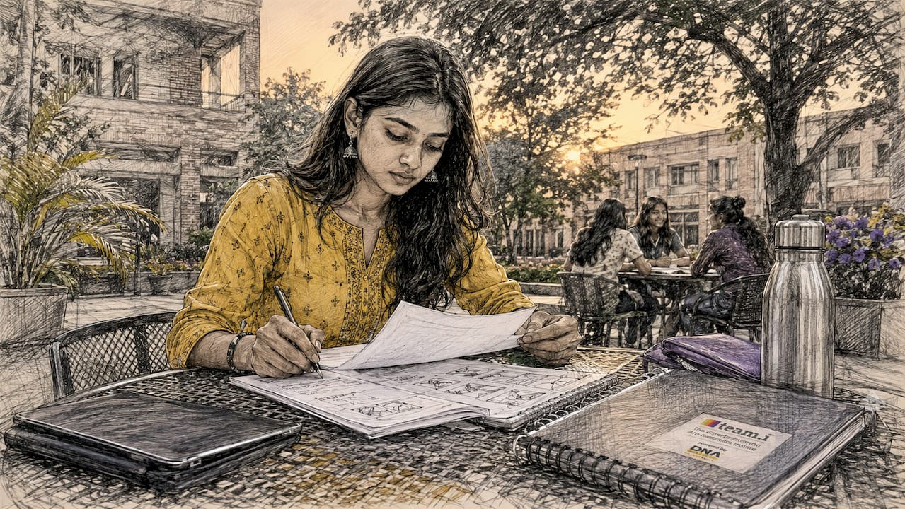 Young Indian college student studying event management materials