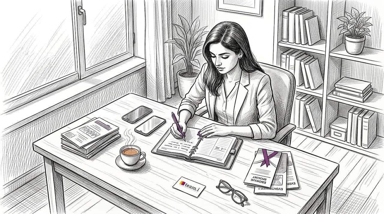 Young Indian woman planning event portfolio at desk