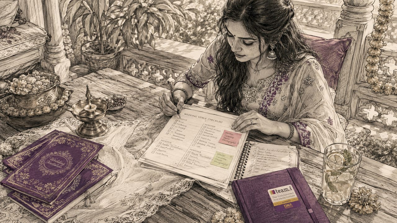 Young Indian woman reviewing wedding venue checklist