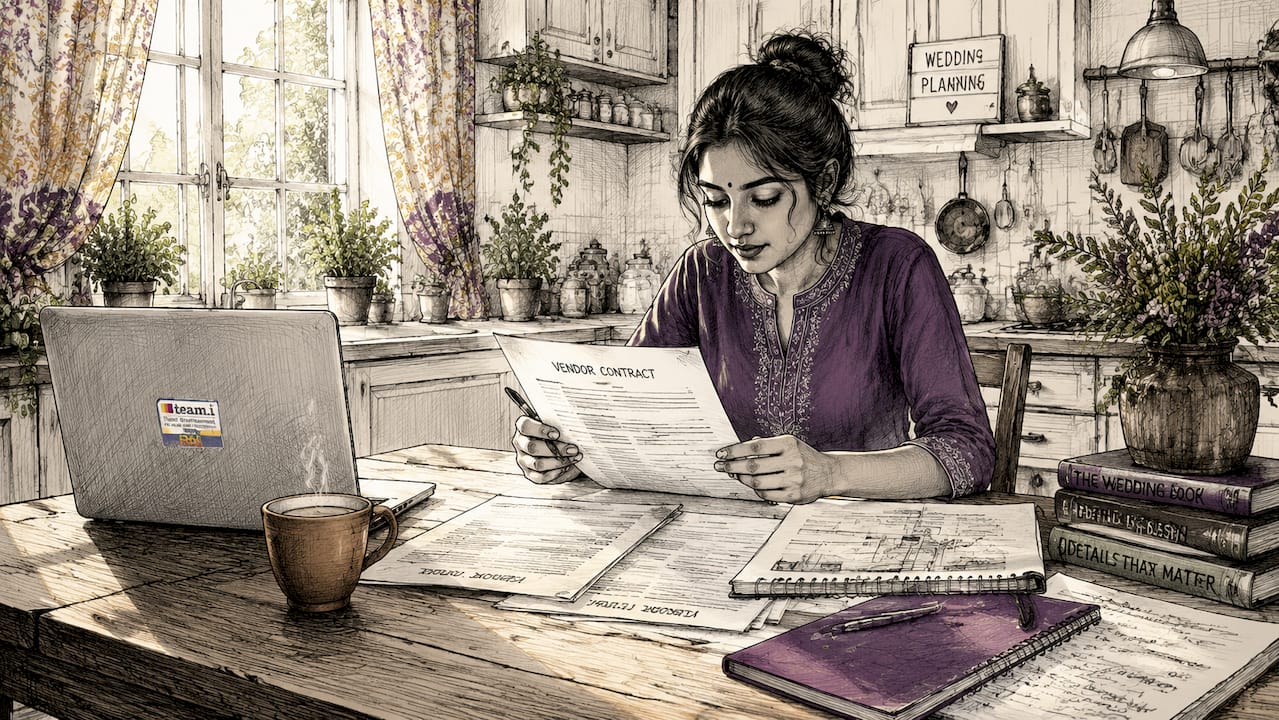 Young woman reviewing wedding vendor contracts